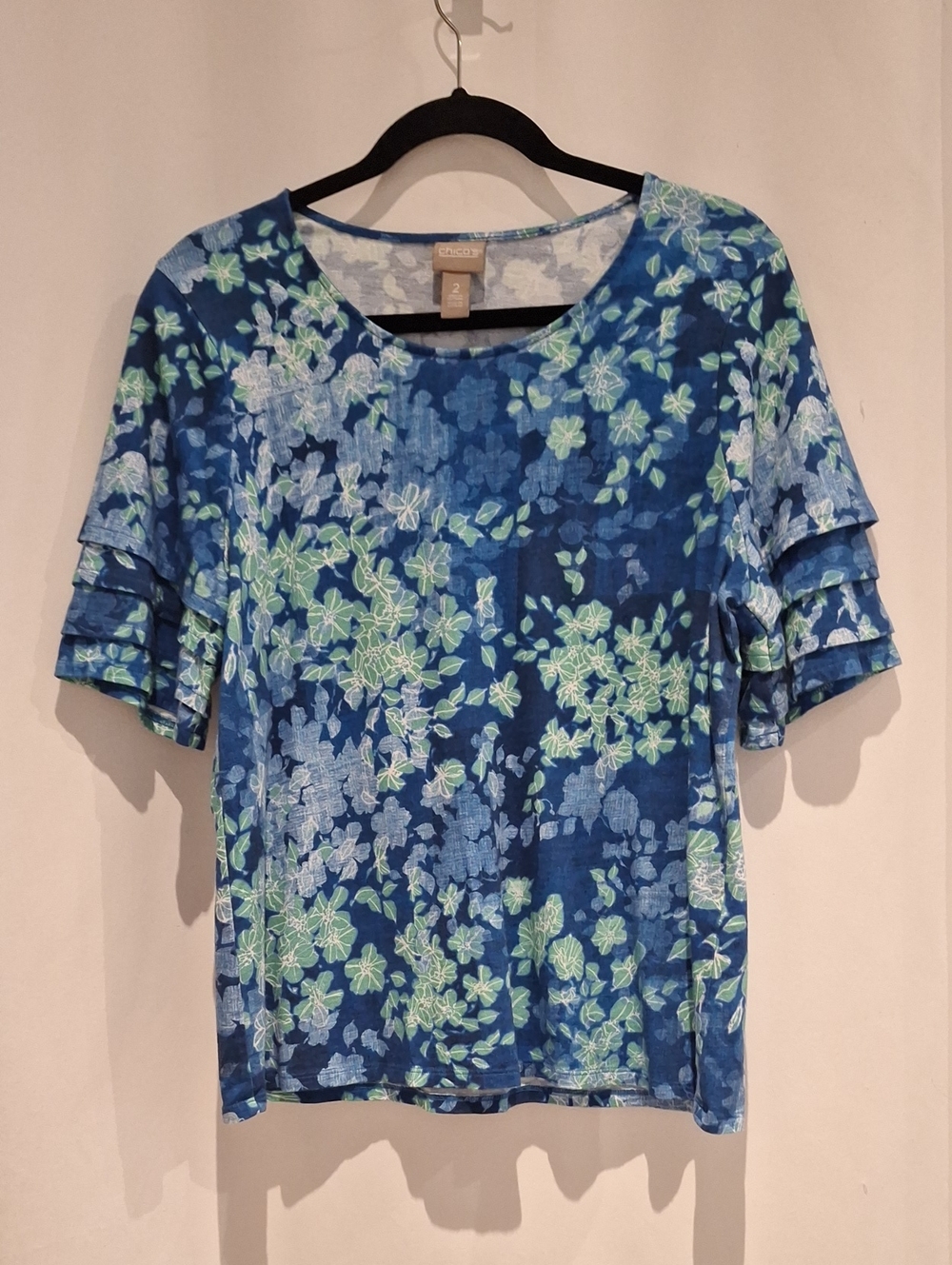 Chico's Blue Floral Short Layered Sleeve Tee Size L